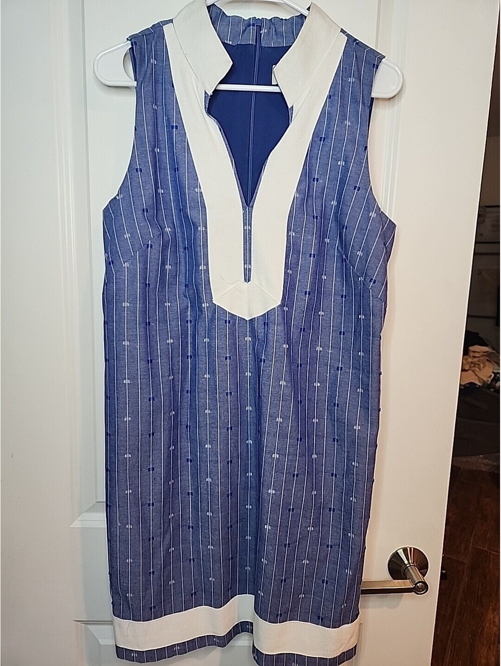 Eliza J Mandarin Collar Cotton Blend Dress Women's Sz 12 Blu Wht Colorblock NEW